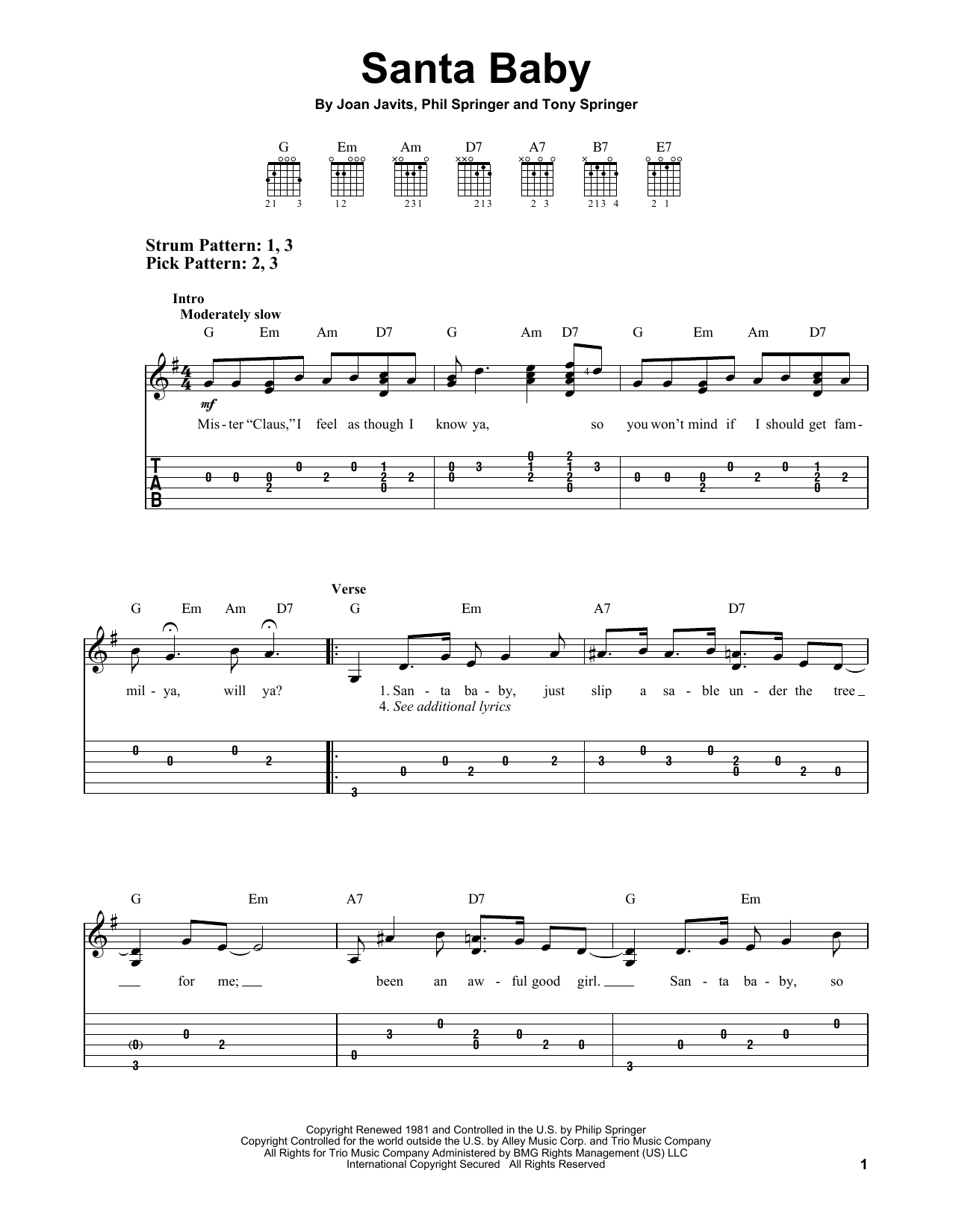 Phil Springer Santa Baby Sheet Music Notes & Chords for Easy Guitar Tab - Download or Print PDF