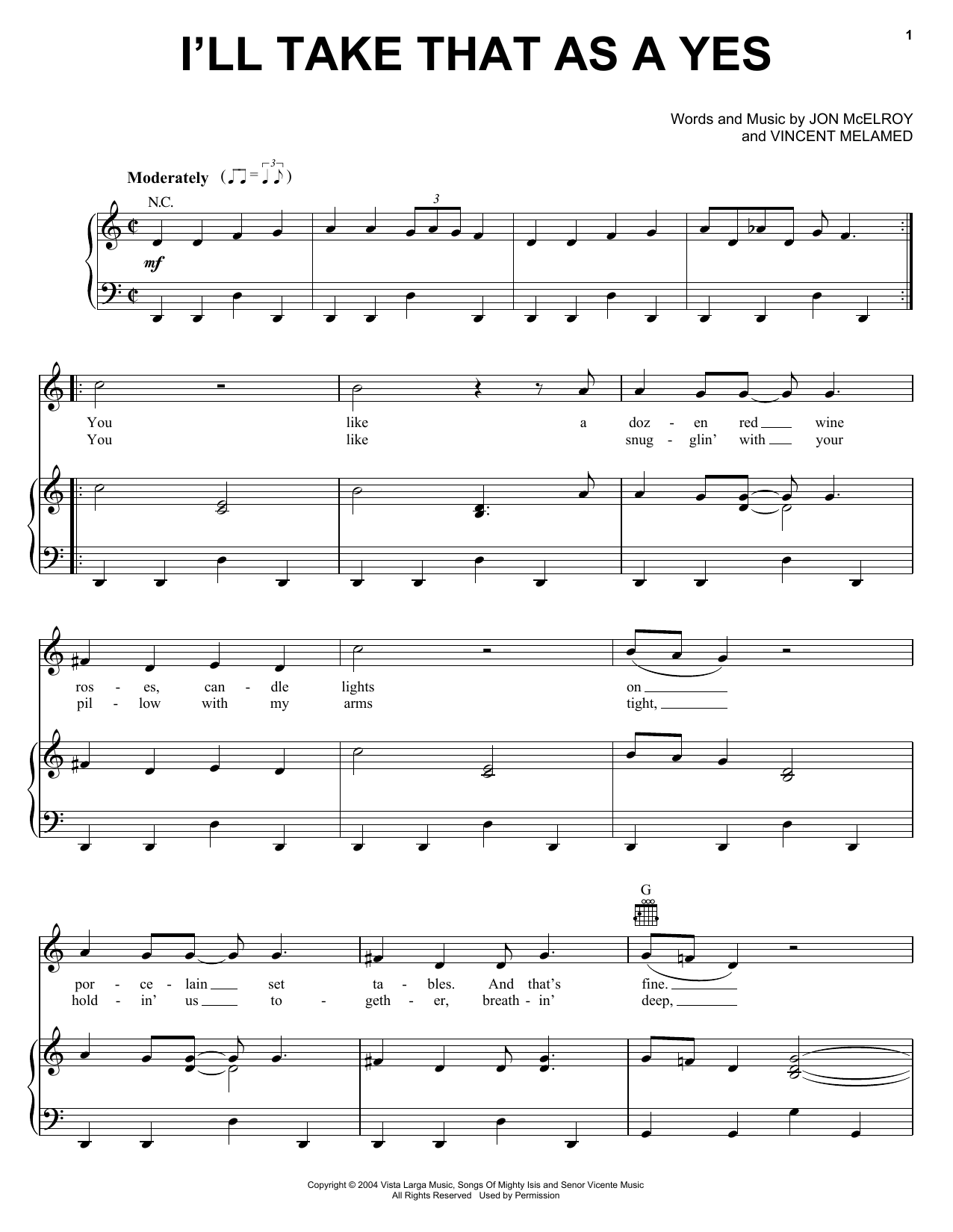 Phil Vassar I'll Take That As A Yes Sheet Music Notes & Chords for Piano, Vocal & Guitar (Right-Hand Melody) - Download or Print PDF