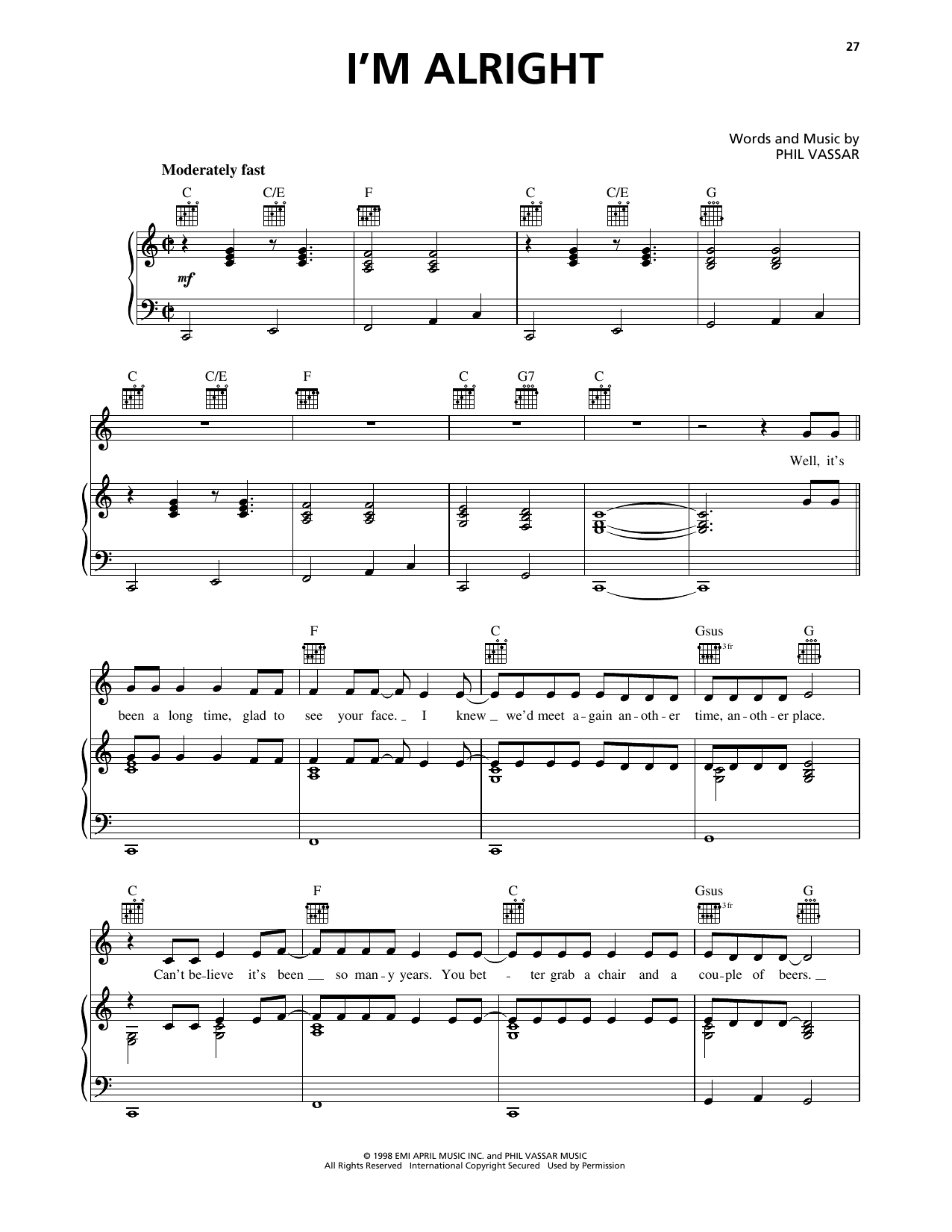 Phil Vassar I'm Alright Sheet Music Notes & Chords for Piano, Vocal & Guitar Chords (Right-Hand Melody) - Download or Print PDF