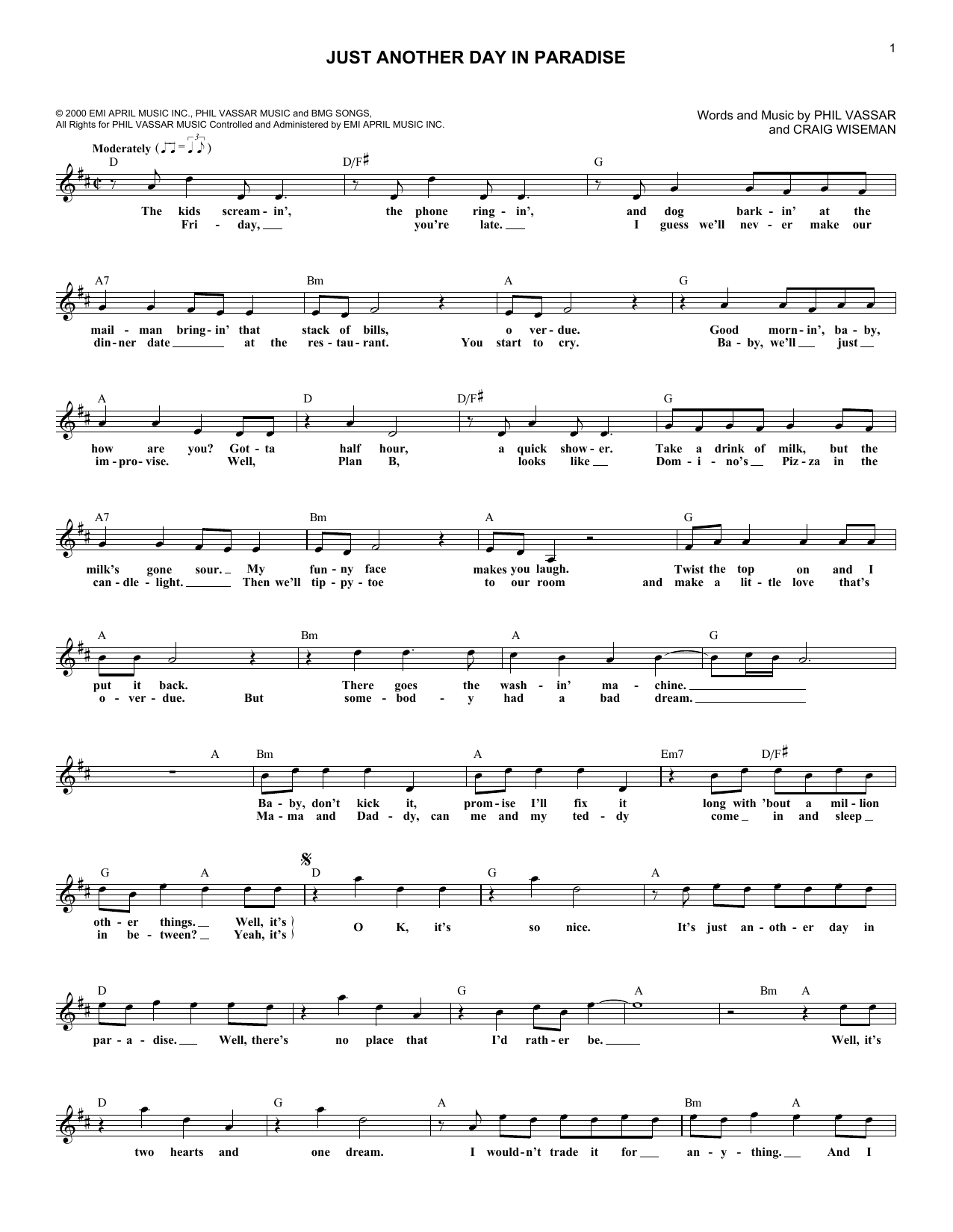 Phil Vassar Just Another Day In Paradise Sheet Music Notes & Chords for Melody Line, Lyrics & Chords - Download or Print PDF