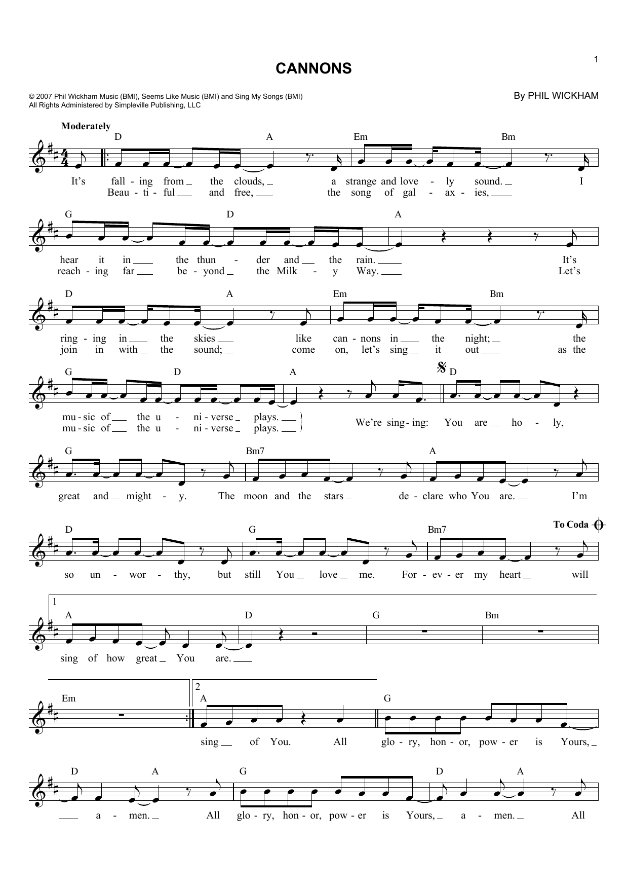 Phil Wickham Cannons Sheet Music Notes & Chords for Lead Sheet / Fake Book - Download or Print PDF