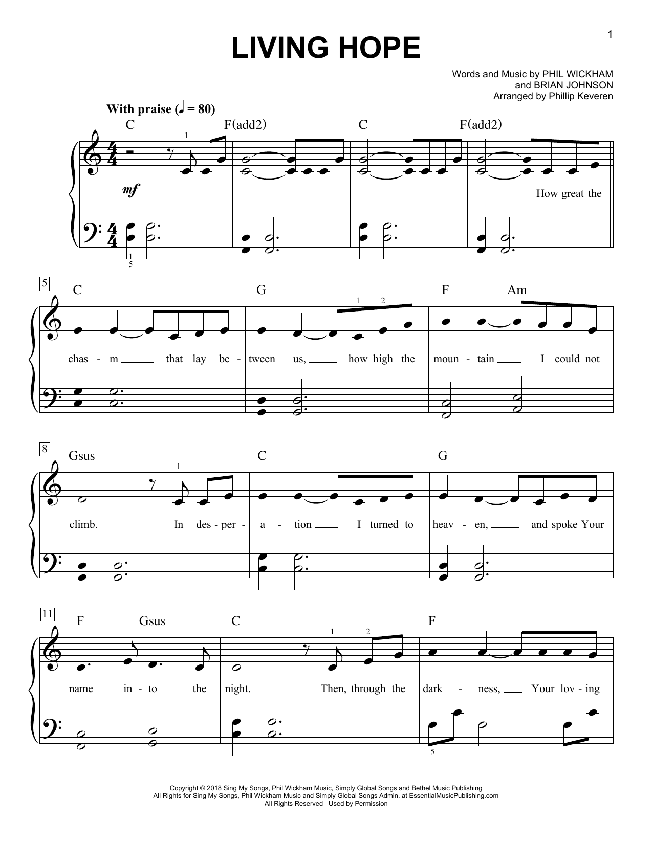 Phil Wickham Living Hope (arr. Phillip Keveren) Sheet Music Notes & Chords for Easy Piano - Download or Print PDF