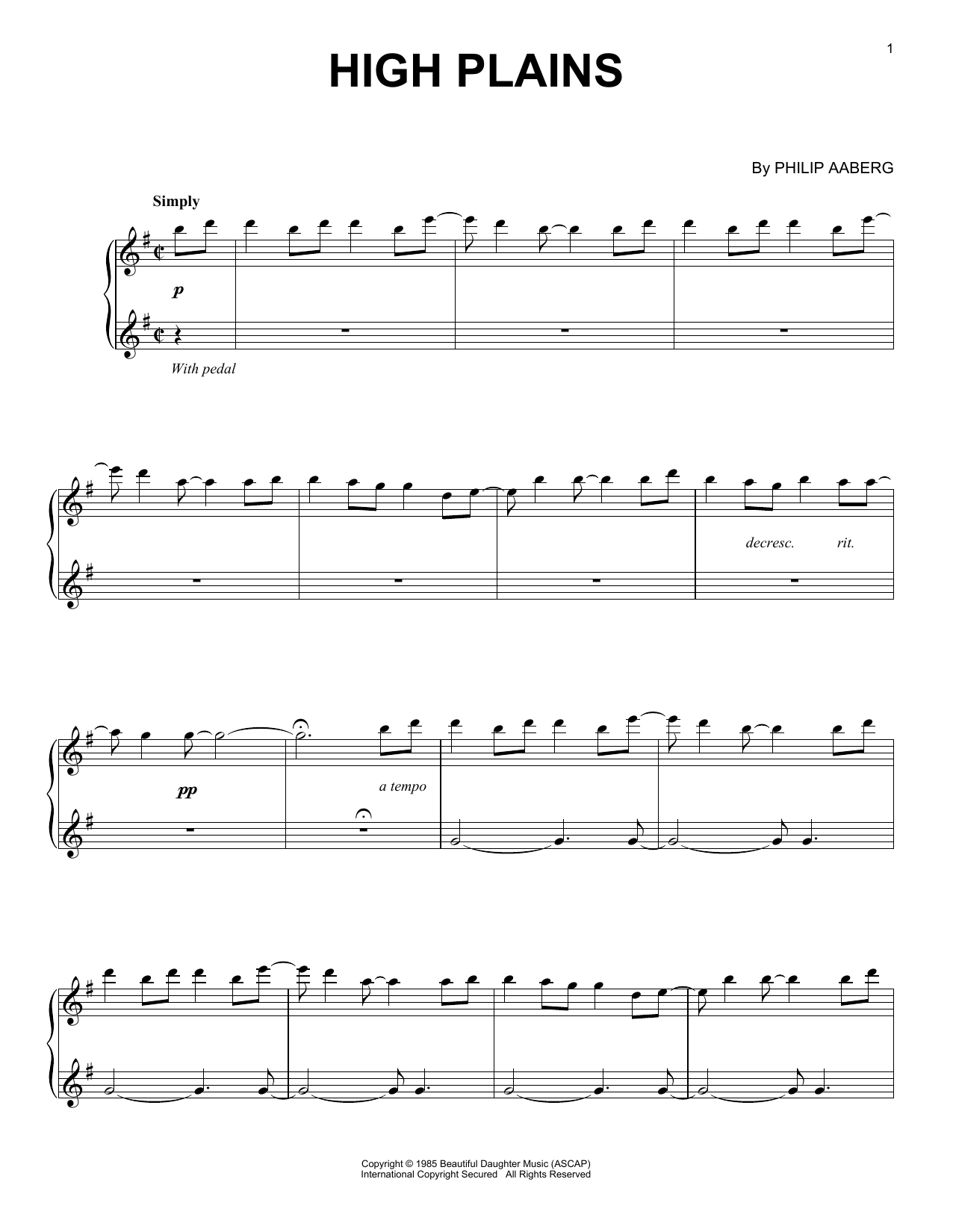 Philip Aaberg High Plains Sheet Music Notes & Chords for Piano Solo - Download or Print PDF