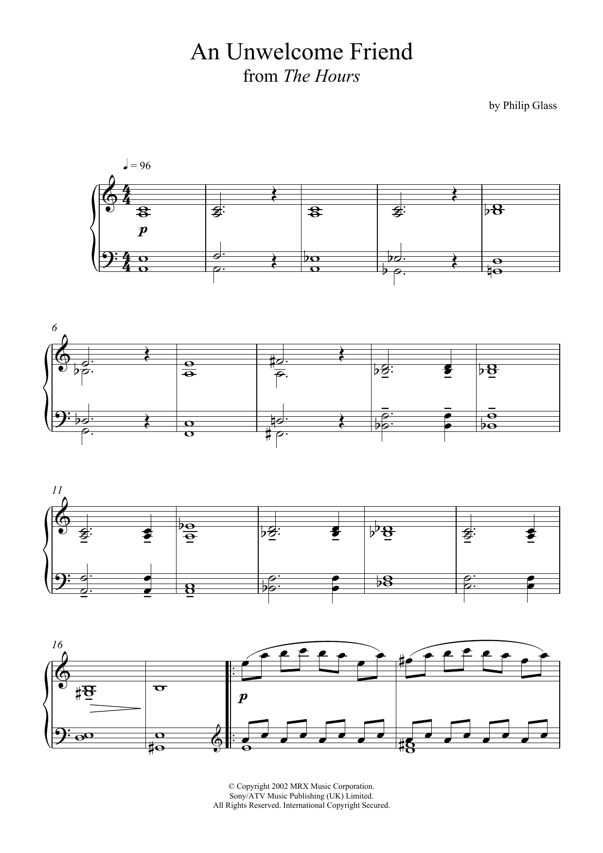 Philip Glass An Unwelcome Friend (from 'The Hours') Sheet Music Notes & Chords for Piano - Download or Print PDF