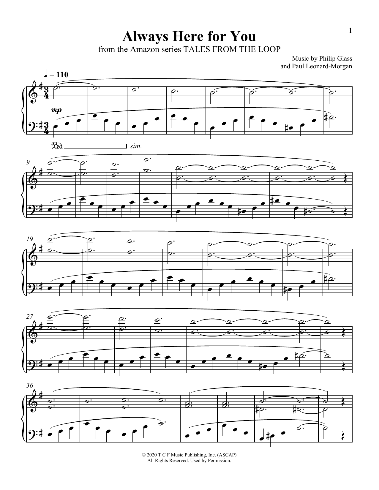 Philip Glass and Paul Leonard-Morgan Always Here For You (from Tales From The Loop) Sheet Music Notes & Chords for Piano Solo - Download or Print PDF