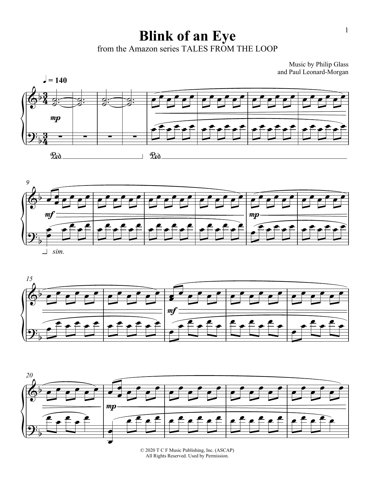 Philip Glass and Paul Leonard-Morgan Blink Of An Eye (from Tales From The Loop) Sheet Music Notes & Chords for Piano Solo - Download or Print PDF