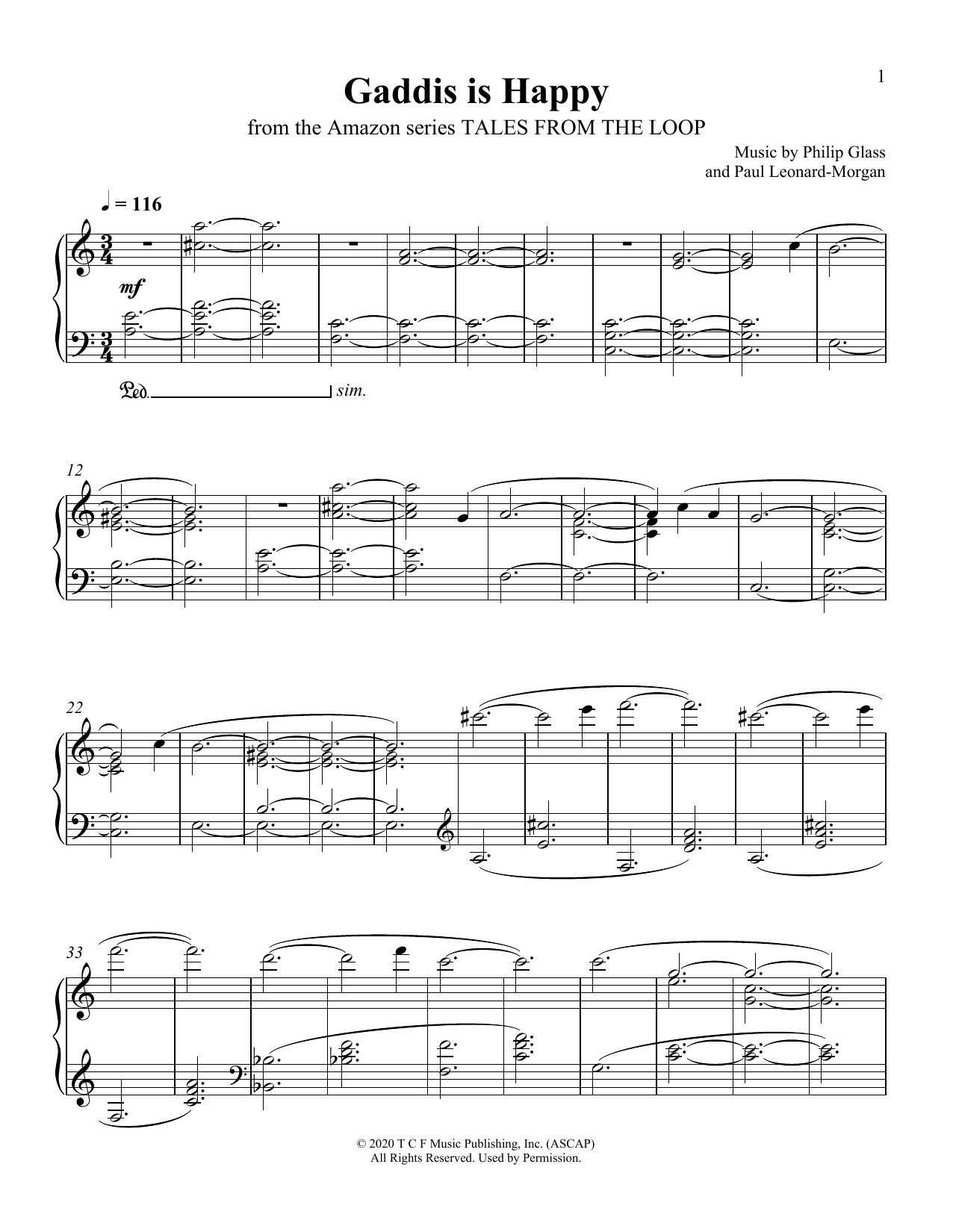 Philip Glass and Paul Leonard-Morgan Gaddis Is Happy (from Tales From The Loop) Sheet Music Notes & Chords for Piano Solo - Download or Print PDF