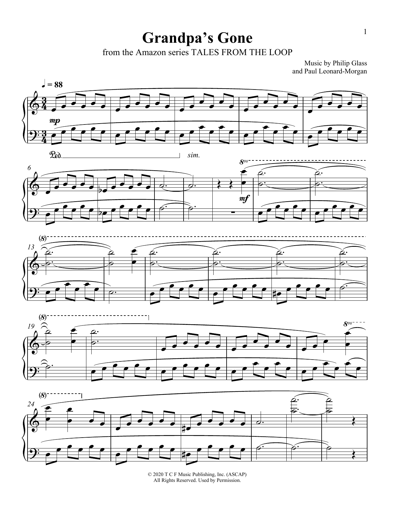 Philip Glass and Paul Leonard-Morgan Grandpa's Gone (from Tales From The Loop) Sheet Music Notes & Chords for Piano Solo - Download or Print PDF