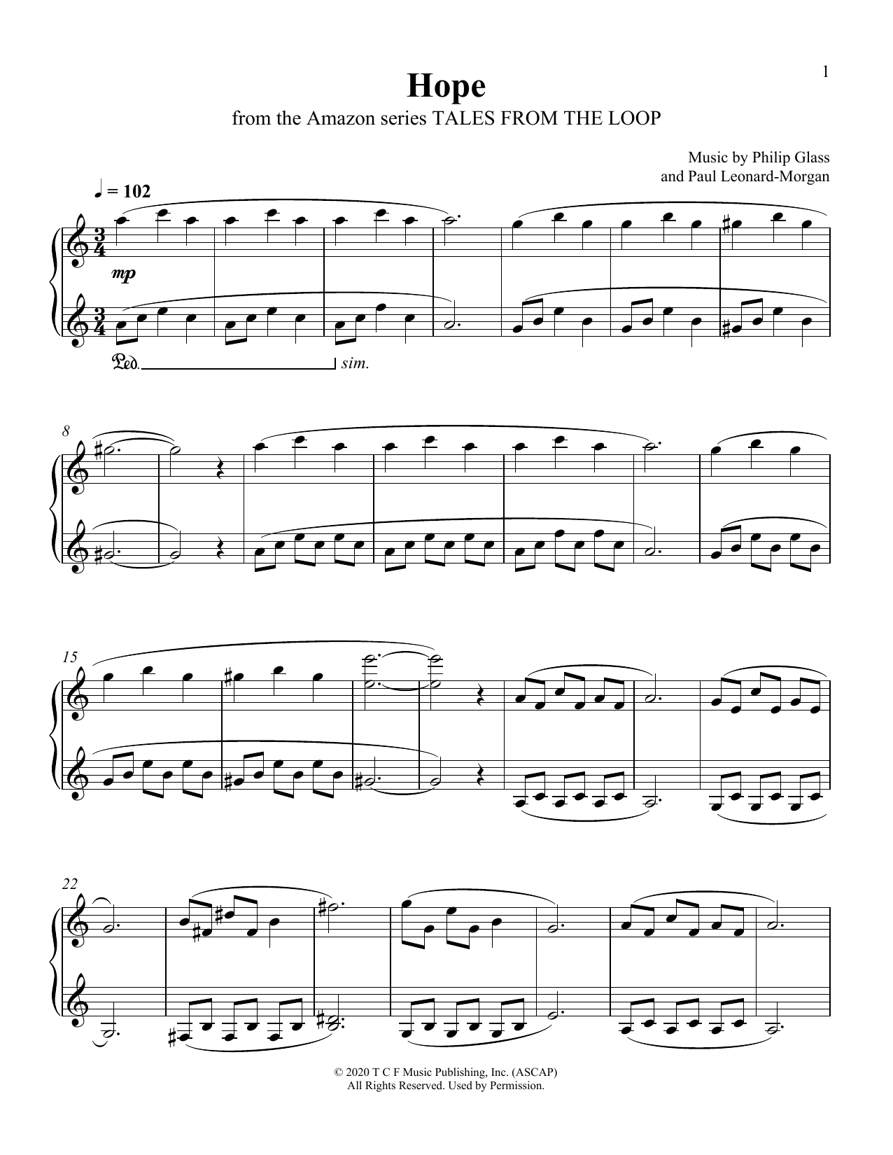 Philip Glass and Paul Leonard-Morgan Hope (from Tales From The Loop) Sheet Music Notes & Chords for Piano Solo - Download or Print PDF