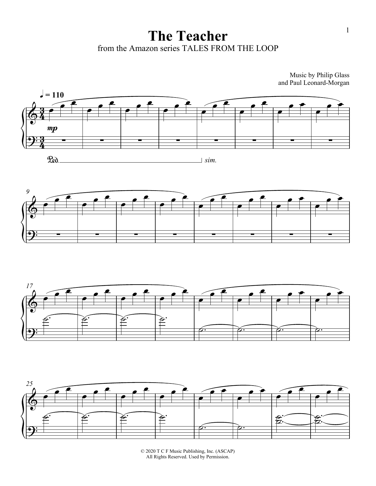 Philip Glass and Paul Leonard-Morgan The Teacher (from Tales From The Loop) Sheet Music Notes & Chords for Piano Solo - Download or Print PDF