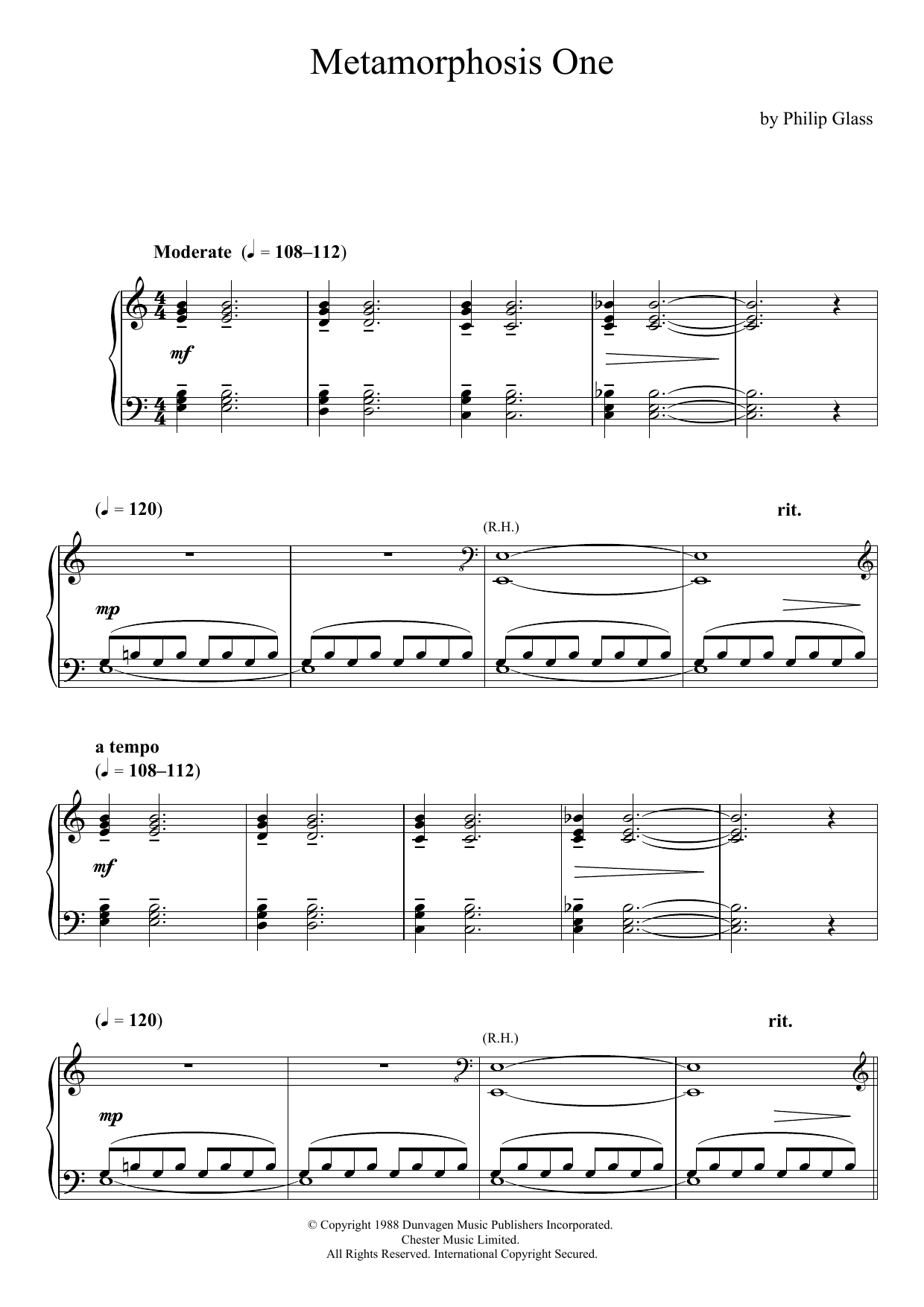 Philip Glass Metamorphosis 1-5 (Complete) Sheet Music Notes & Chords for Piano - Download or Print PDF