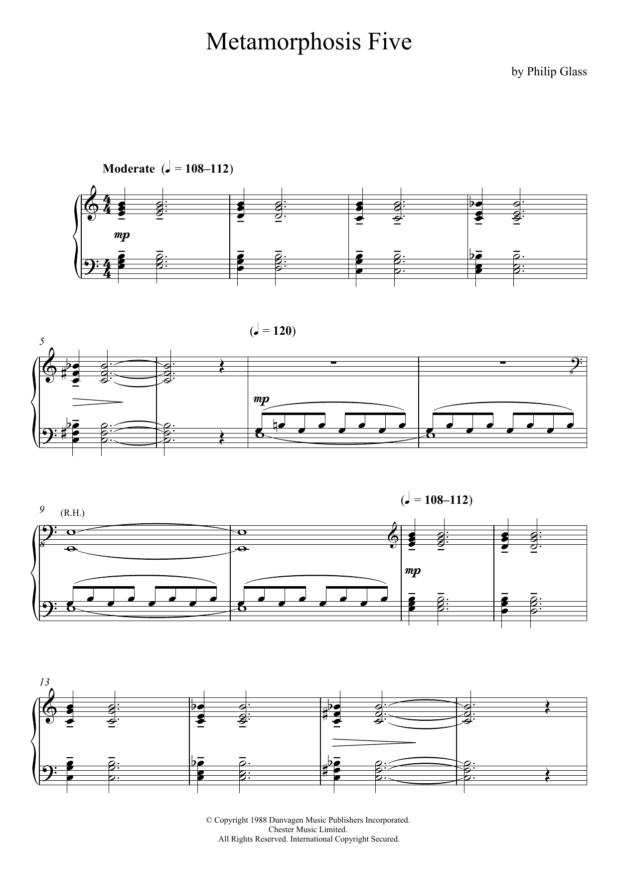 Philip Glass Metamorphosis Five Sheet Music Notes & Chords for Piano - Download or Print PDF