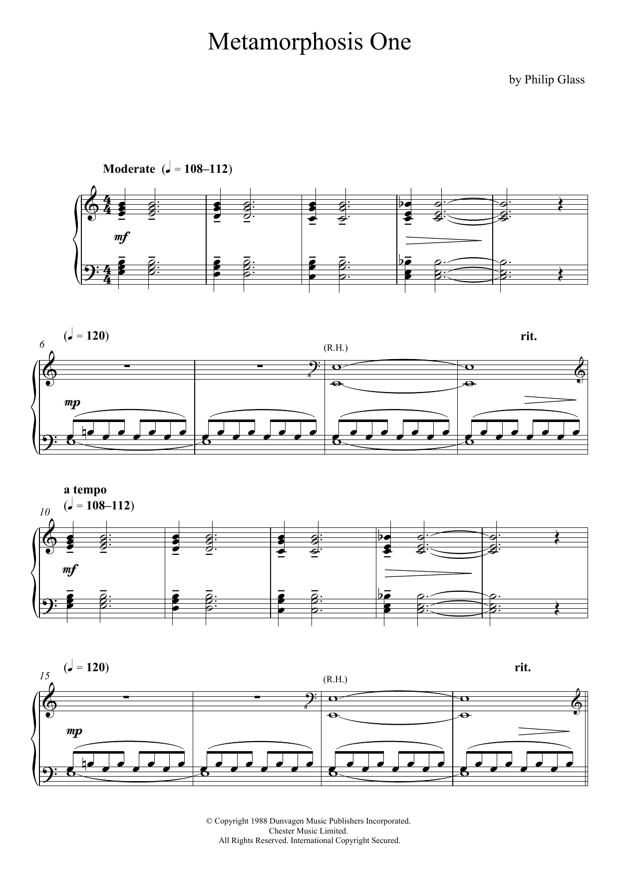 Philip Glass Metamorphosis One Sheet Music Notes & Chords for Piano - Download or Print PDF