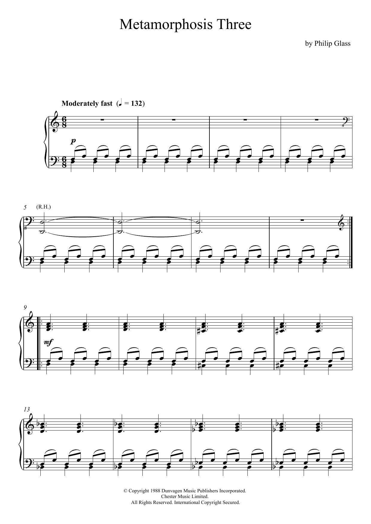 Philip Glass Metamorphosis Three Sheet Music Notes & Chords for Piano - Download or Print PDF