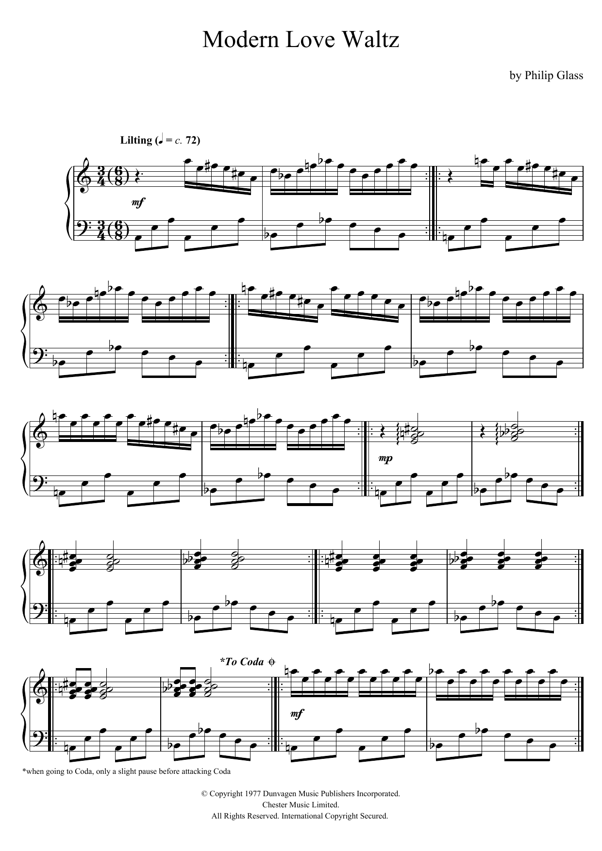 Philip Glass Modern Love Waltz Sheet Music Notes & Chords for Piano - Download or Print PDF
