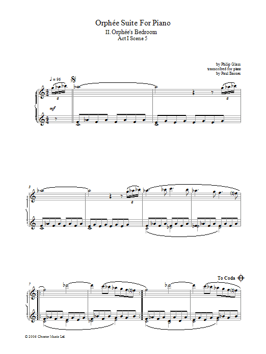 Philip Glass Orphee Suite For Piano, II. Orphee's Bedroom, Act I, Scene 5 Sheet Music Notes & Chords for Piano - Download or Print PDF