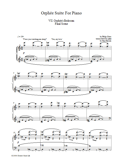 Philip Glass Orphee Suite For Piano, VII. Orphee's Bedroom Final Scene Sheet Music Notes & Chords for Piano - Download or Print PDF