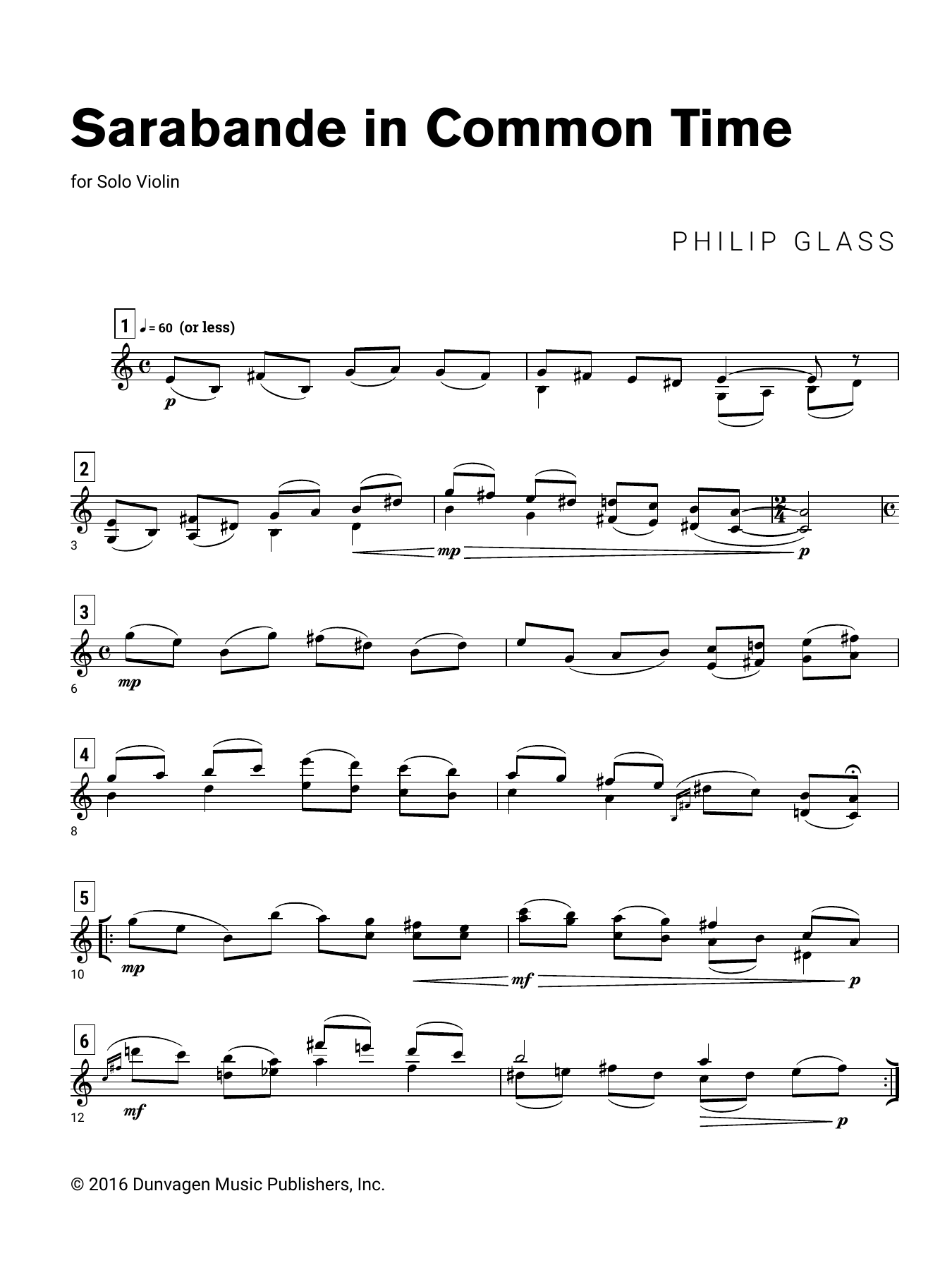 Philip Glass Sarabande in Common Time Sheet Music Notes & Chords for Violin Solo - Download or Print PDF