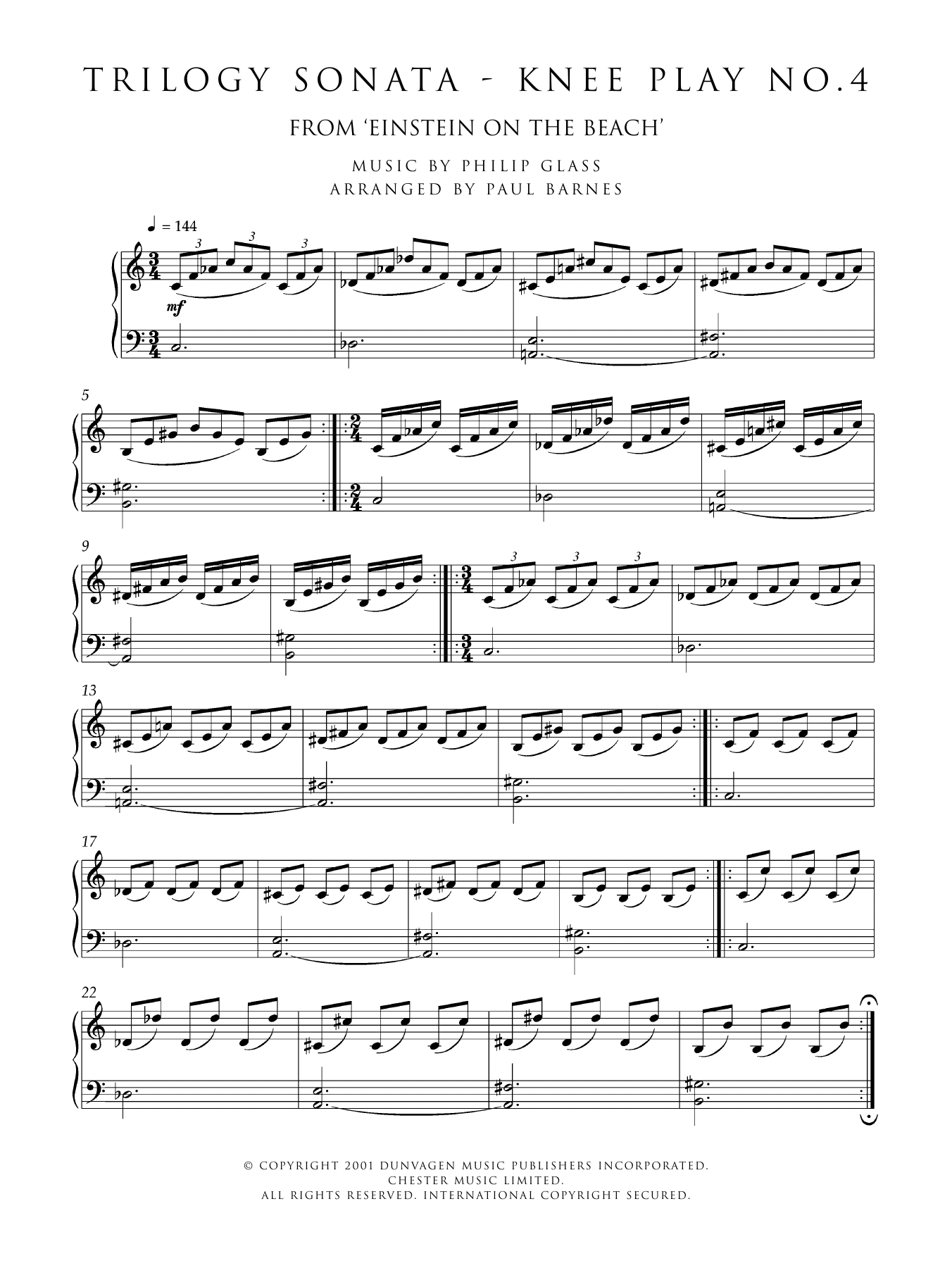 Philip Glass Trilogy Sonata - Knee Play No. 4 (from 'Einstein On The Beach') Sheet Music Notes & Chords for Piano - Download or Print PDF