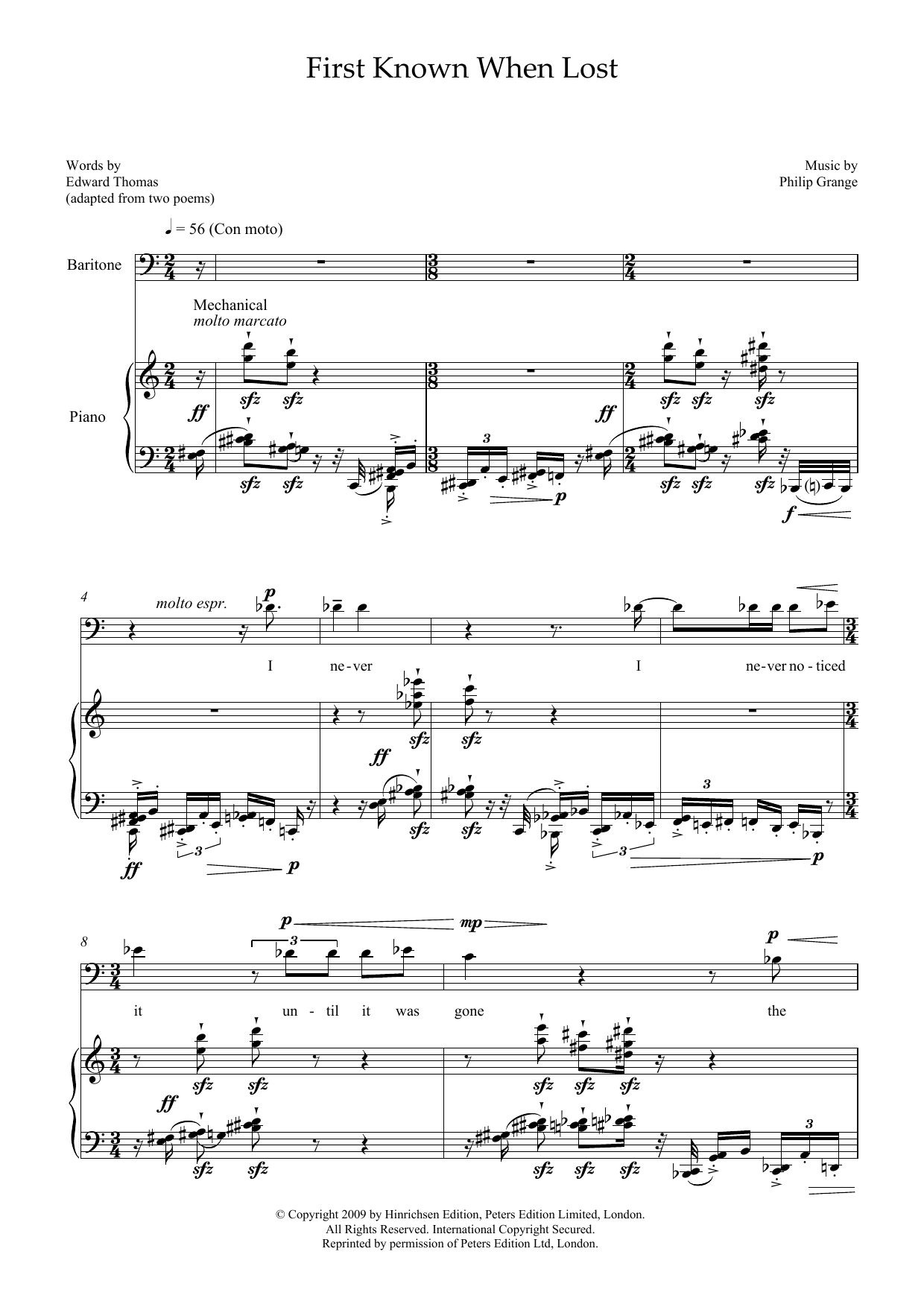 Philip Grange First Known When Lost (for baritone and piano) Sheet Music Notes & Chords for Piano & Vocal - Download or Print PDF
