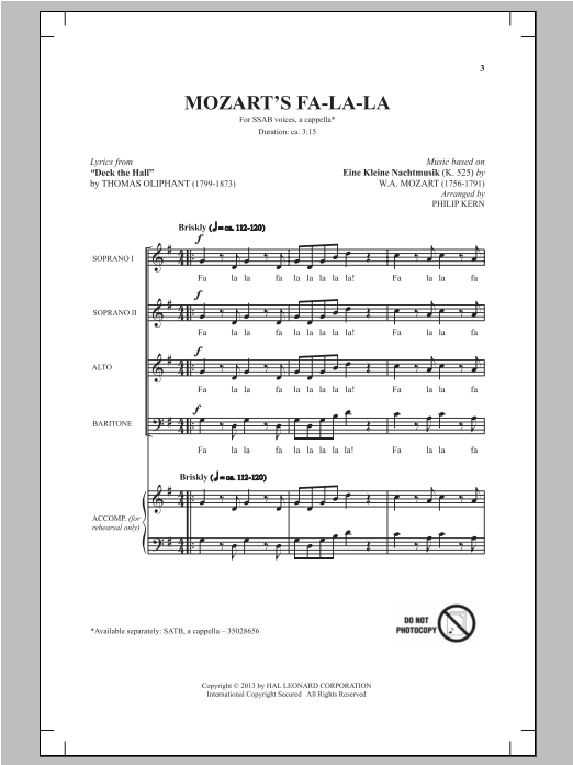 Philip Kern Mozart's Fa-La-La Sheet Music Notes & Chords for SAB - Download or Print PDF