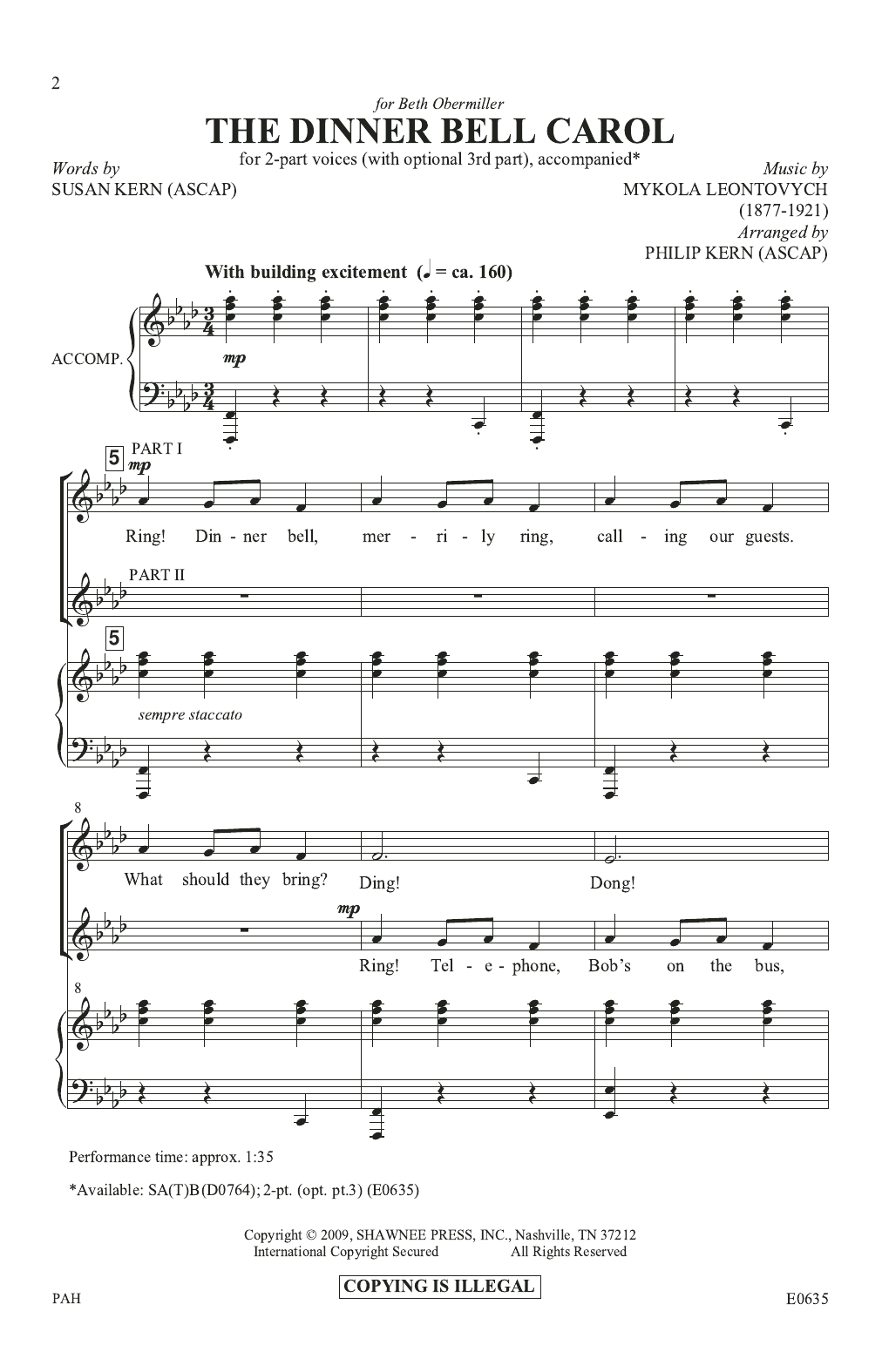 Philip Kern The Dinner Bell Carol Sheet Music Notes & Chords for 2-Part Choir - Download or Print PDF