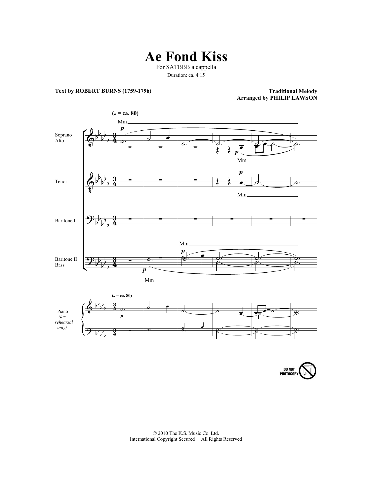 Philip Lawson Ae Fond Kiss Sheet Music Notes & Chords for SATB - Download or Print PDF