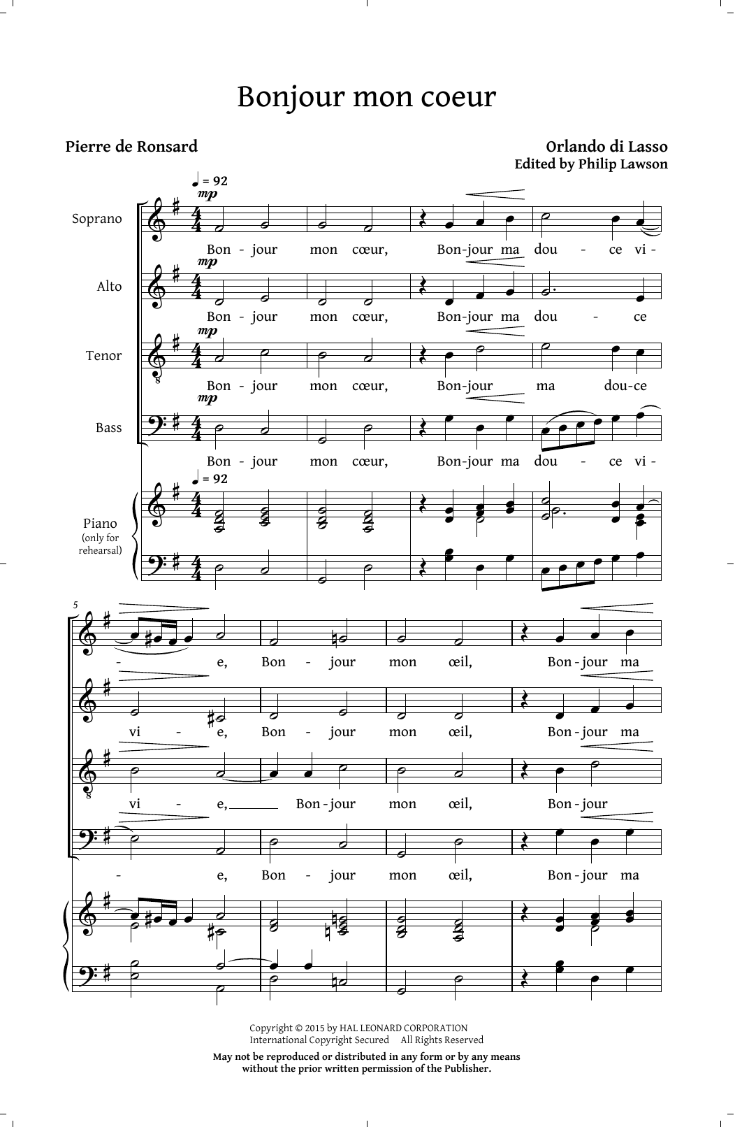 Philip Lawson Bonjour Mon Coeur Sheet Music Notes & Chords for SATB - Download or Print PDF