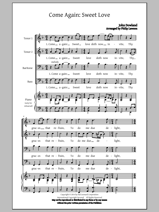 Philip Lawson Come Again, Sweet Love (Collection) Sheet Music Notes & Chords for TTBB - Download or Print PDF
