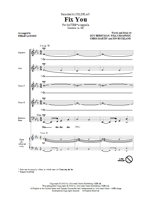 Coldplay Fix You (arr. Philip Lawson) Sheet Music Notes & Chords for SATB - Download or Print PDF
