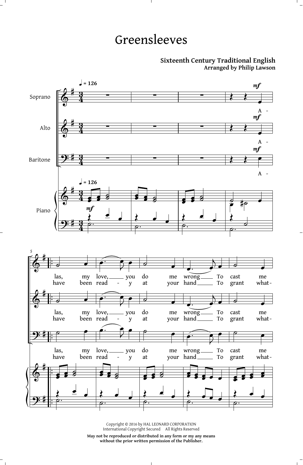 Philip Lawson Greensleeves Sheet Music Notes & Chords for SAB - Download or Print PDF