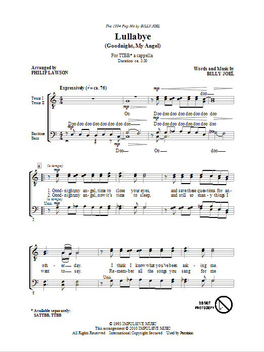 Philip Lawson Lullabye (Goodnight, My Angel) Sheet Music Notes & Chords for TTBB - Download or Print PDF