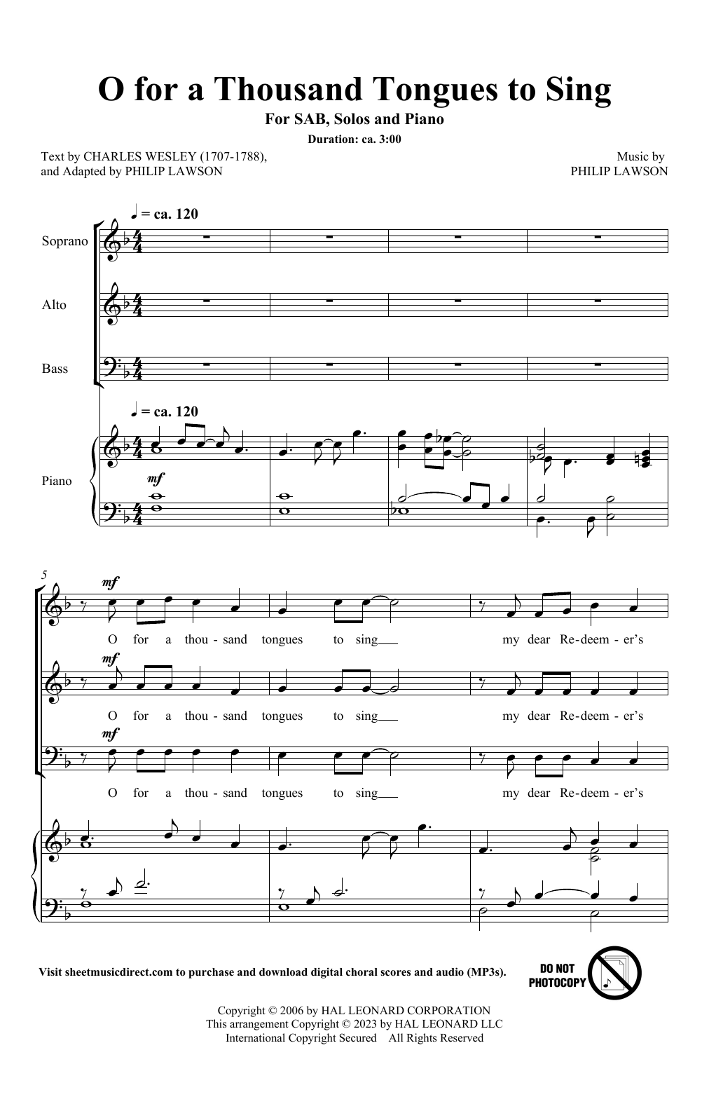 Philip Lawson O For A Thousand Tongues To Sing Sheet Music Notes & Chords for SAB Choir - Download or Print PDF