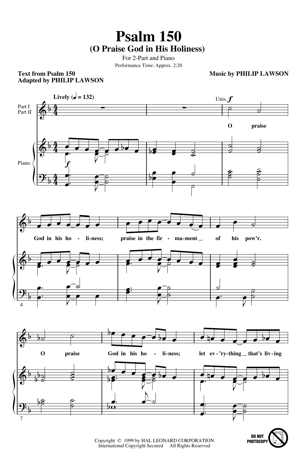 Philip Lawson Psalm 150 (O Praise God in His Holiness) Sheet Music Notes & Chords for 2-Part Choir - Download or Print PDF