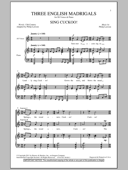 Philip Lawson Three English Madrigals Sheet Music Notes & Chords for 2-Part Choir - Download or Print PDF