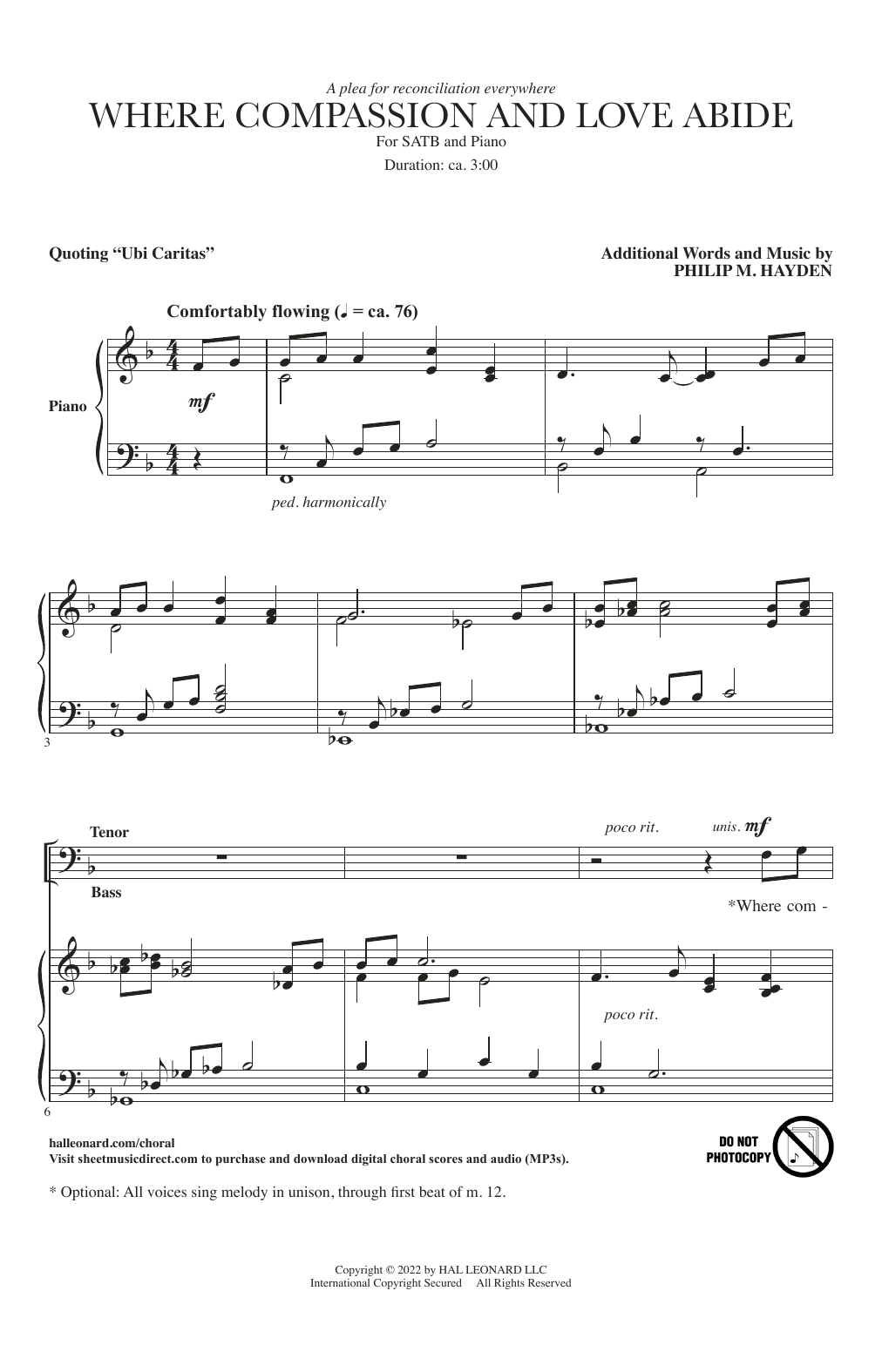 Philip M. Hayden Where Compassion And Love Abide (Ubi Caritas) Sheet Music Notes & Chords for SATB Choir - Download or Print PDF
