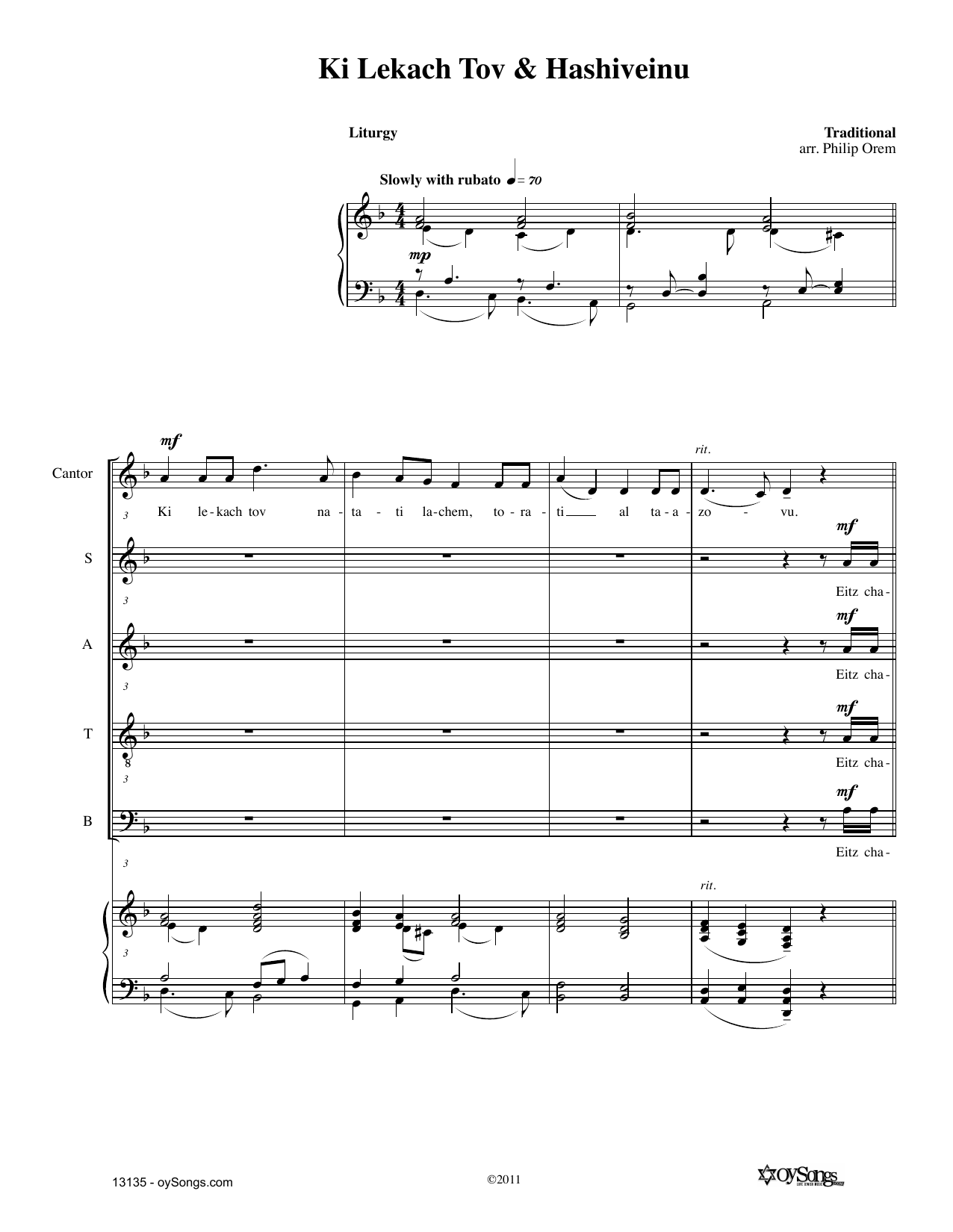 Philip Orem Ki Lekach Tov, Eitz Chayim Hi, Hashivenu Sheet Music Notes & Chords for SATB Choir - Download or Print PDF