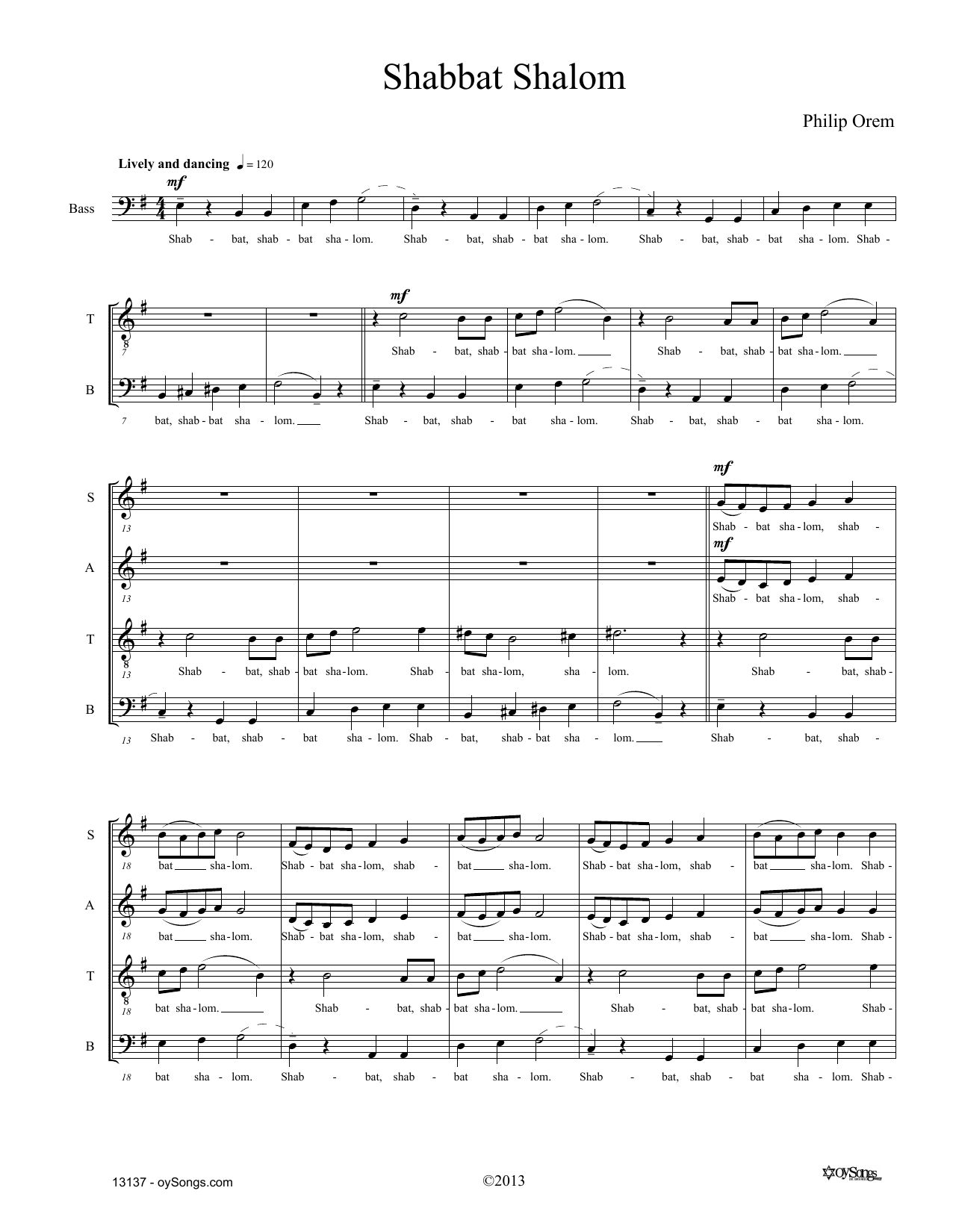 Philip Orem Shabbat Shalom Sheet Music Notes & Chords for SATB Choir - Download or Print PDF