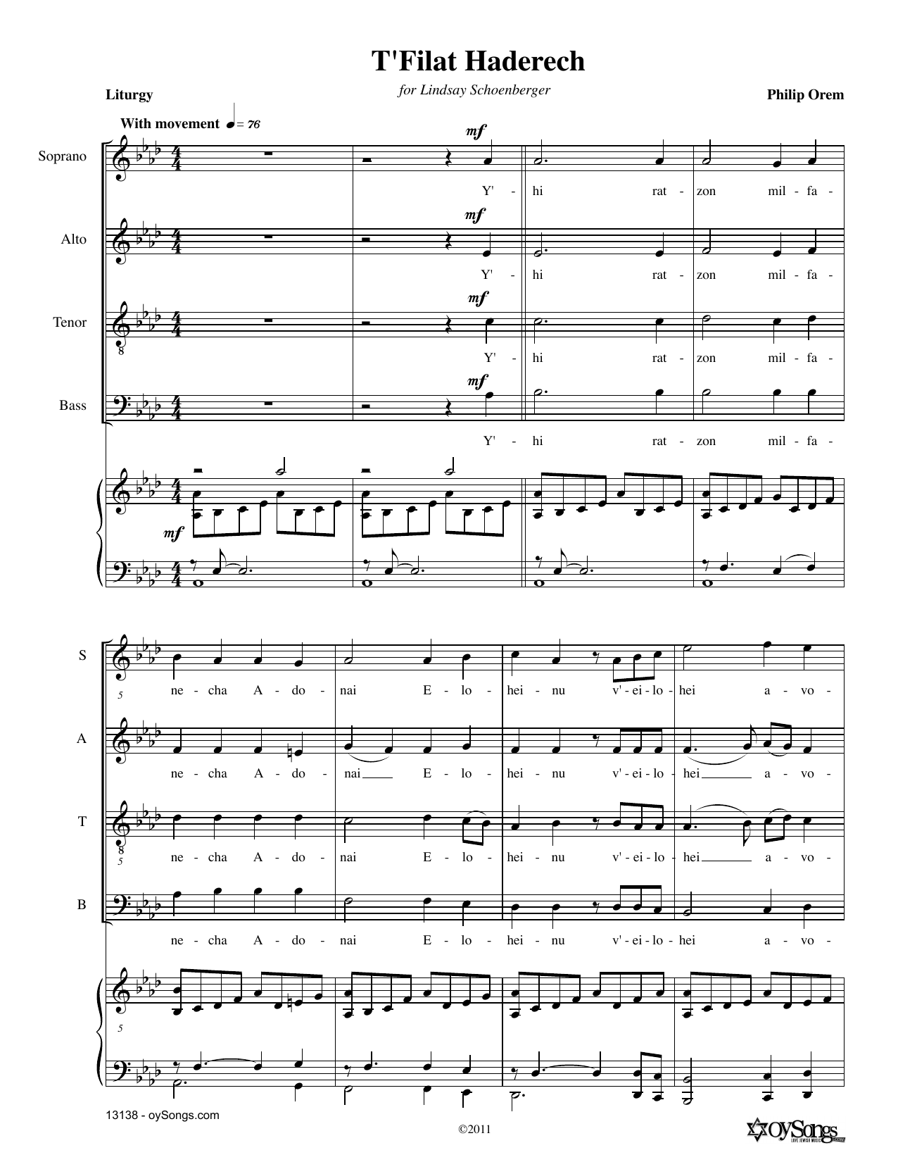 Philip Orem T'filat Haderach Sheet Music Notes & Chords for SATB Choir - Download or Print PDF