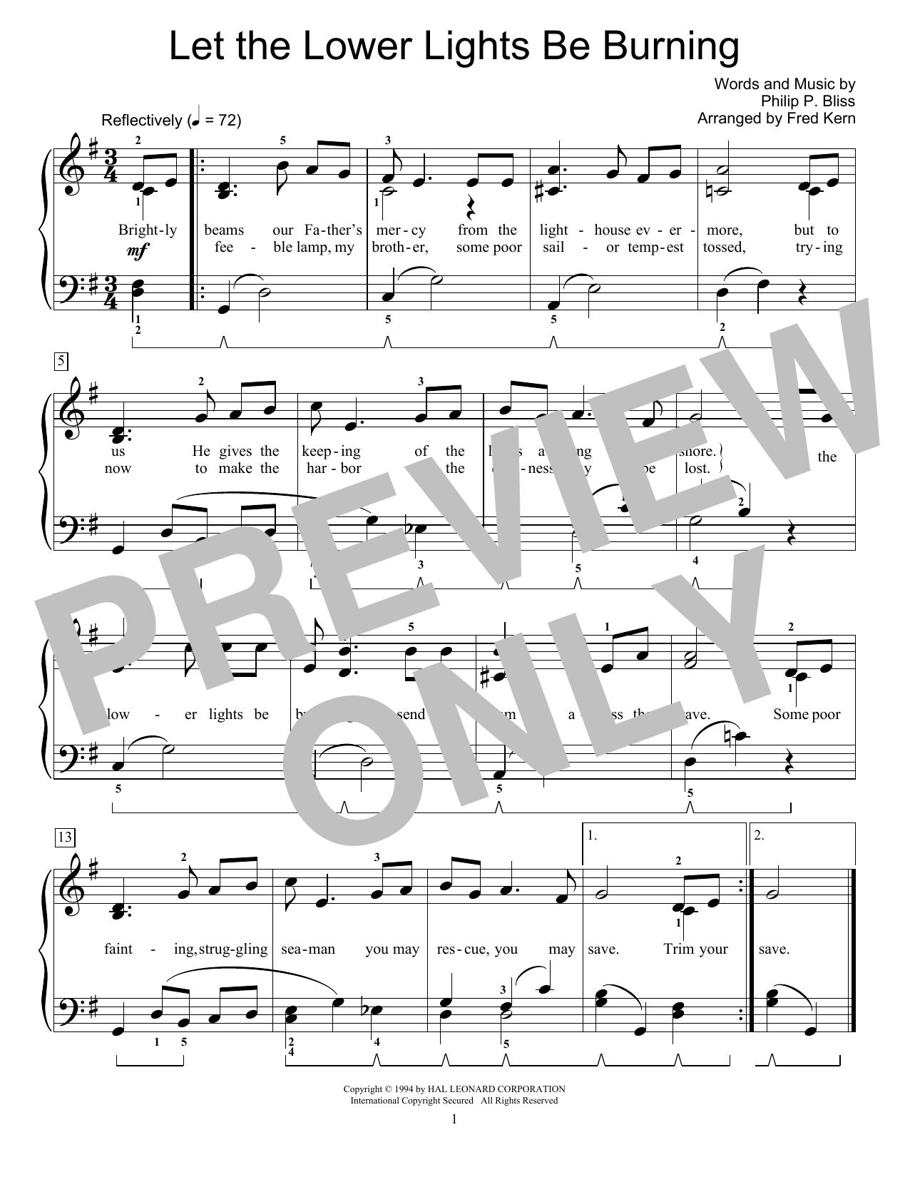 Philip P. Bliss Let The Lower Lights Be Burning Sheet Music Notes & Chords for Educational Piano - Download or Print PDF