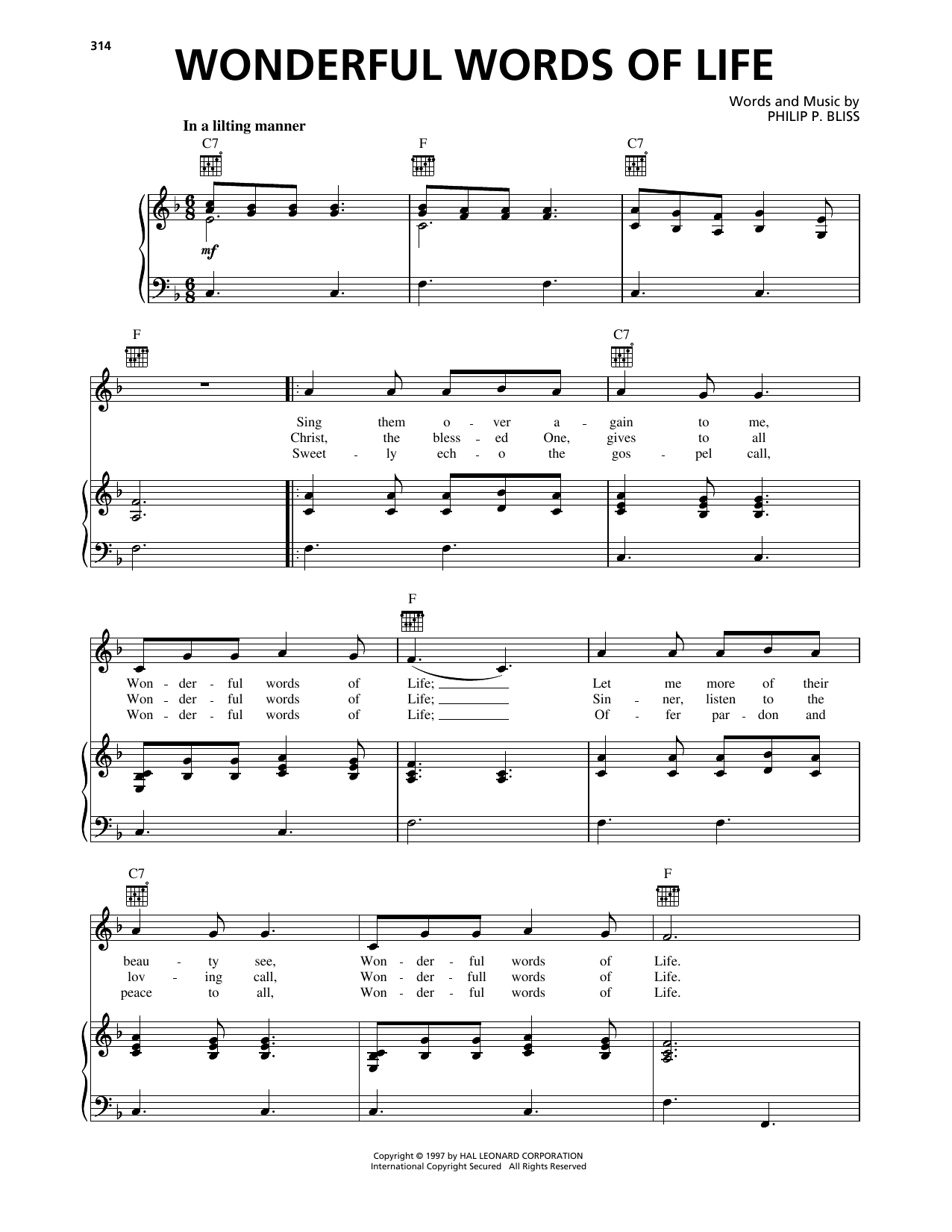 Philip P. Bliss Wonderful Words Of Life Sheet Music Notes & Chords for Piano, Vocal & Guitar Chords (Right-Hand Melody) - Download or Print PDF