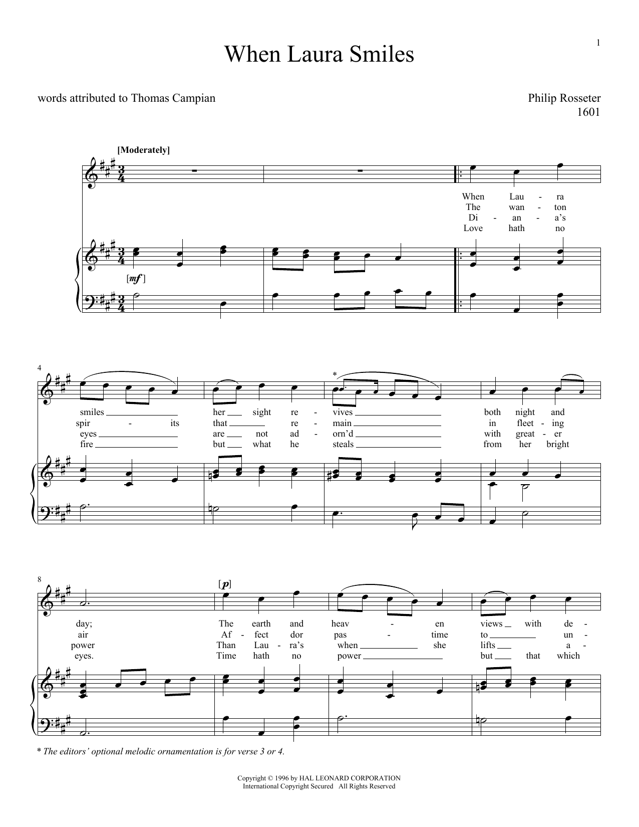 Philip Rosseter When Laura Smiles Sheet Music Notes & Chords for Piano & Vocal - Download or Print PDF