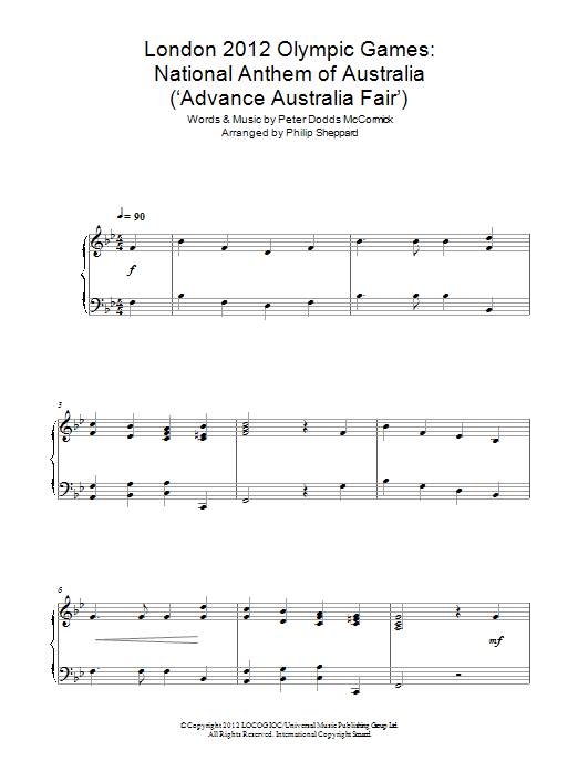 Philip Sheppard London 2012 Olympic Games: National Anthem Of Australia ('Advance Australia Fair') Sheet Music Notes & Chords for Piano - Download or Print PDF
