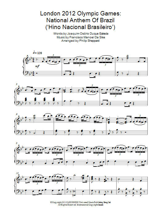 Philip Sheppard London 2012 Olympic Games: National Anthem Of Brazil ('Hino Nacional Brasileiro') Sheet Music Notes & Chords for Piano - Download or Print PDF