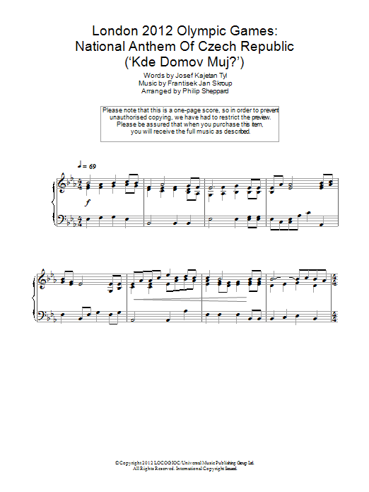 Philip Sheppard London 2012 Olympic Games: National Anthem Of Czech Republic ('Kde Domov Muj?') Sheet Music Notes & Chords for Piano - Download or Print PDF