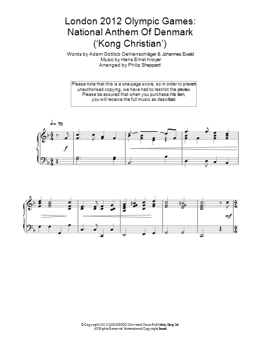 Philip Sheppard London 2012 Olympic Games: National Anthem Of Denmark ('Kong Christian') Sheet Music Notes & Chords for Piano - Download or Print PDF