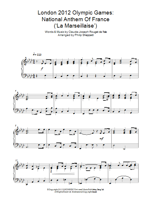 Philip Sheppard London 2012 Olympic Games: National Anthem Of France ('La Marseillaise') Sheet Music Notes & Chords for Piano - Download or Print PDF