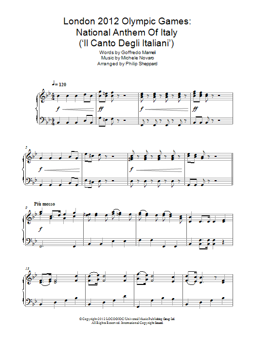 Philip Sheppard London 2012 Olympic Games: National Anthem Of Italy ('Il Canto Degli Italiani') Sheet Music Notes & Chords for Piano - Download or Print PDF
