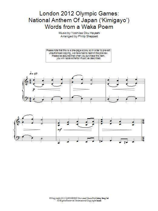 Philip Sheppard London 2012 Olympic Games: National Anthem Of Japan ('Kimigayo') Sheet Music Notes & Chords for Piano - Download or Print PDF
