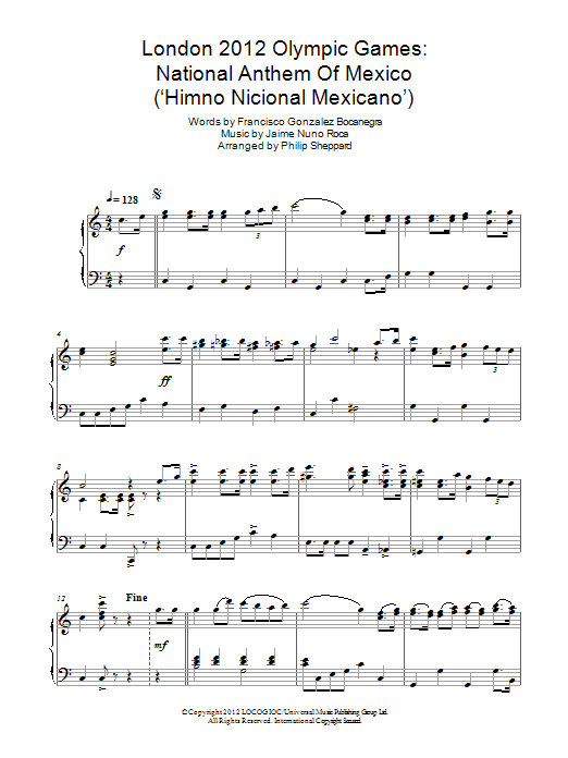 Philip Sheppard London 2012 Olympic Games: National Anthem Of Mexico ('Himno Nicional Mexicano') Sheet Music Notes & Chords for Piano - Download or Print PDF